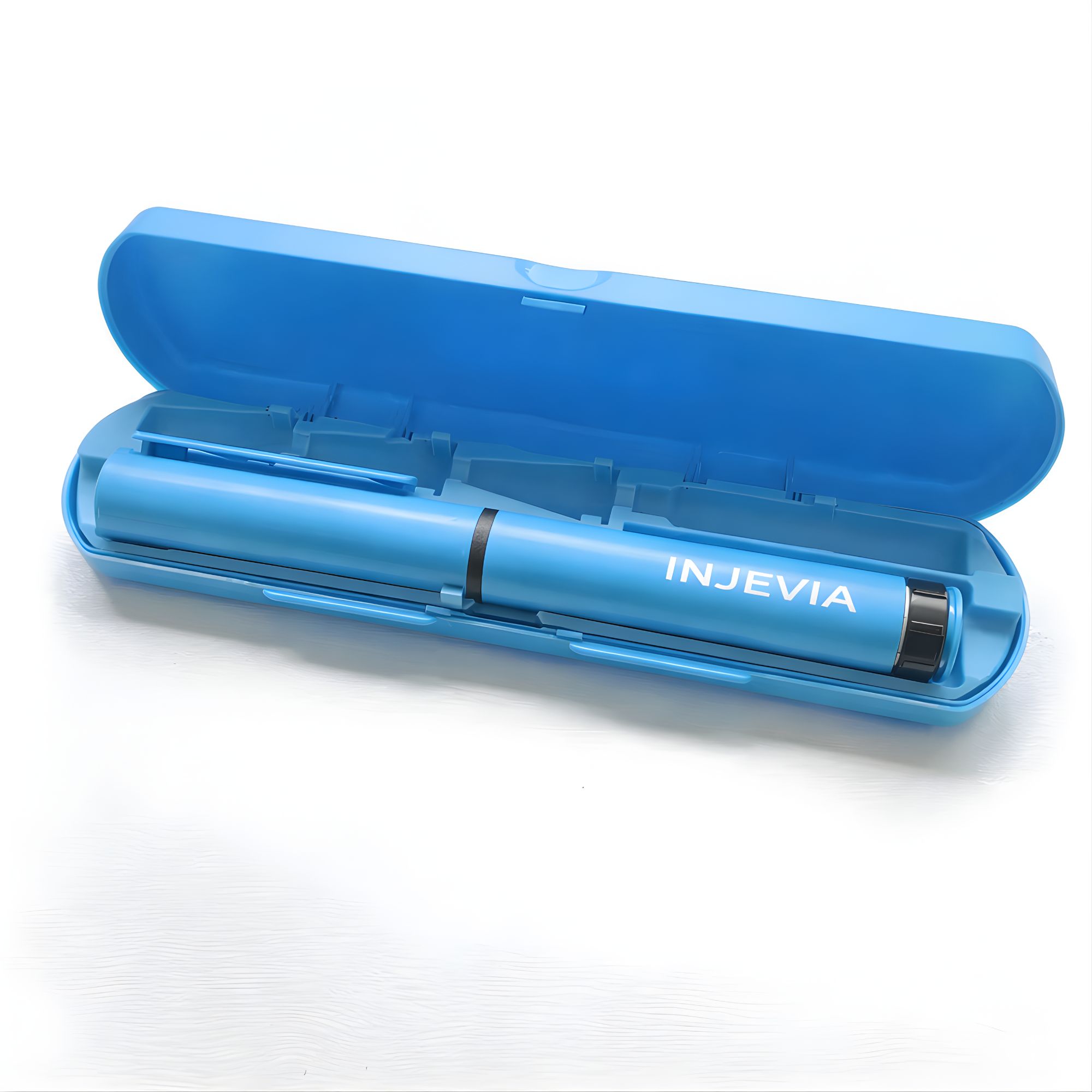 Blue Injevia delivery pen presented in its protective case